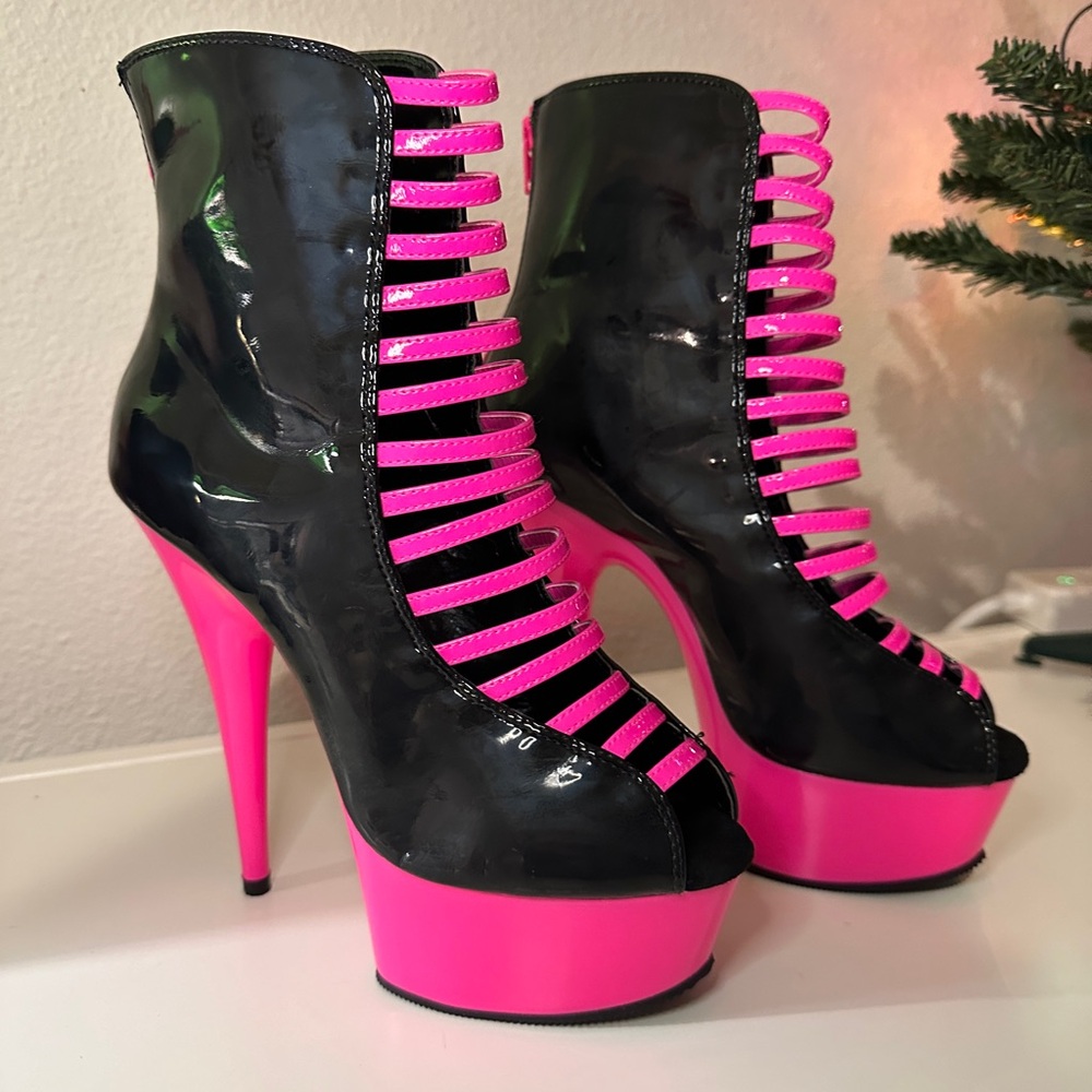Pleaser Black and Pink Strappy Platform Heels
